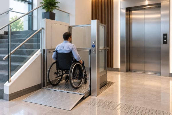 Persona en silla de ruedas usando un elevador de accesibilidad